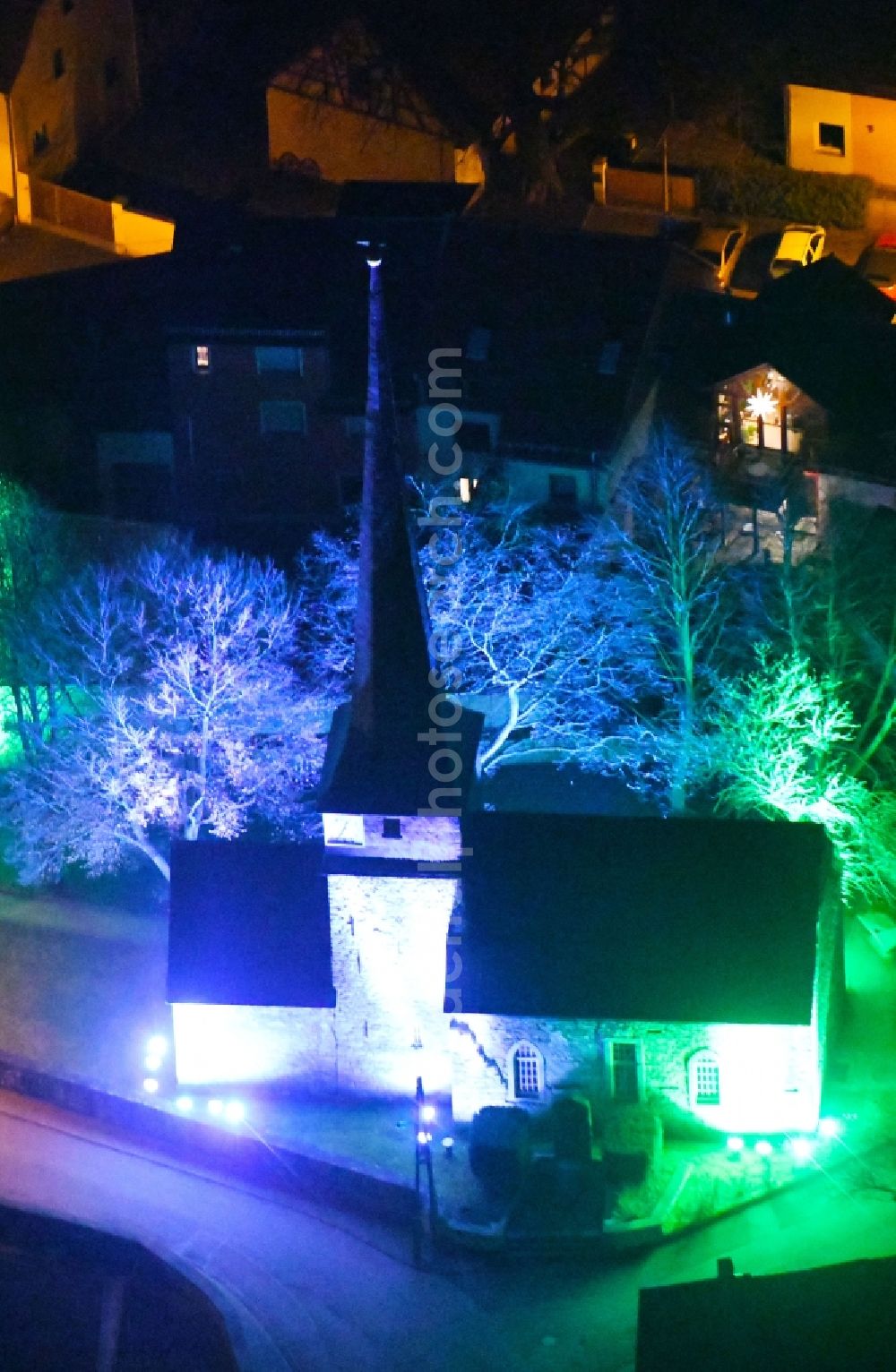 Gelmeroda at night from above - Night lighting Church building in Gelmeroda in the state Thuringia, Germany