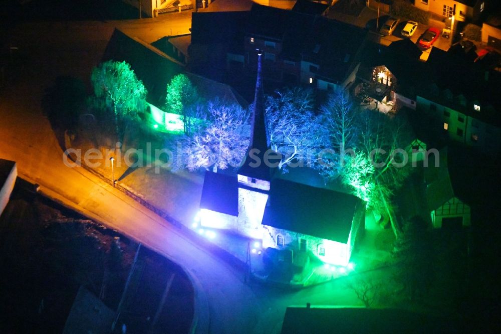 Gelmeroda at night from the bird perspective: Night lighting Church building in Gelmeroda in the state Thuringia, Germany