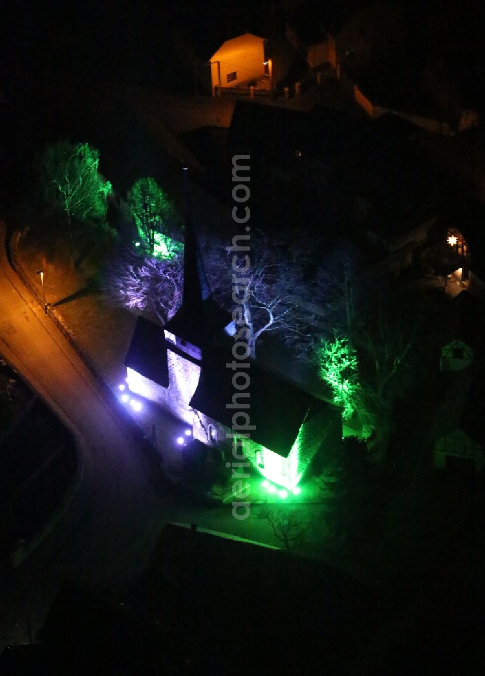 Gelmeroda at night from the bird perspective: Night lighting Church building in Gelmeroda in the state Thuringia, Germany