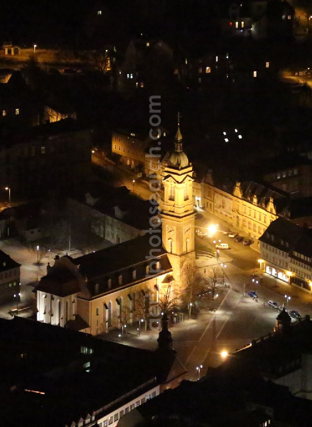 Eisenach at night from the bird perspective: Night lighting Church building Georgenkirche in Eisenach in the state Thuringia, Germany