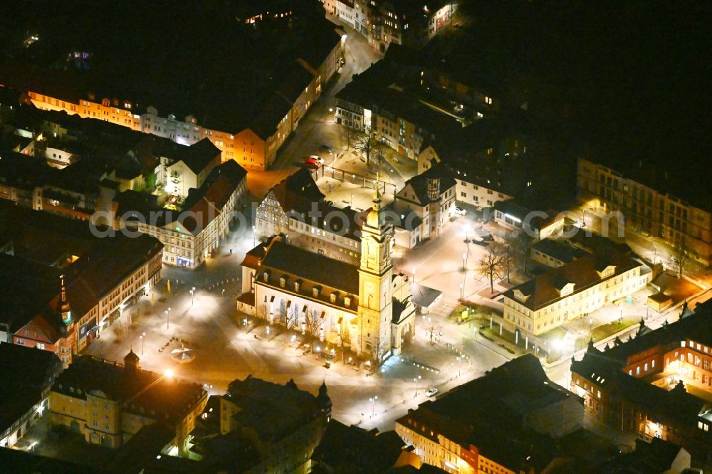 Aerial photograph at night Eisenach - Night lighting church building in St George's Church Old Town- center of downtown in Eisenach in the Thuringian Forest in the state Thuringia, Germany