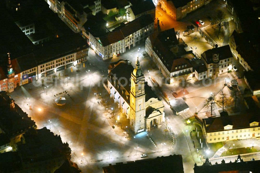 Aerial image at night Eisenach - Night lighting church building in St George's Church Old Town- center of downtown in Eisenach in the Thuringian Forest in the state Thuringia, Germany