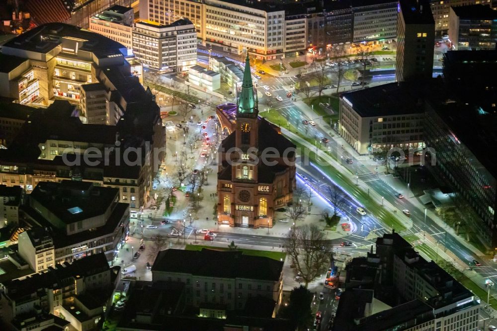 Düsseldorf at night from above - Night lighting church building Johanneskirche on Martin-Luther-Platz in Duesseldorf in the state North Rhine-Westphalia, Germany