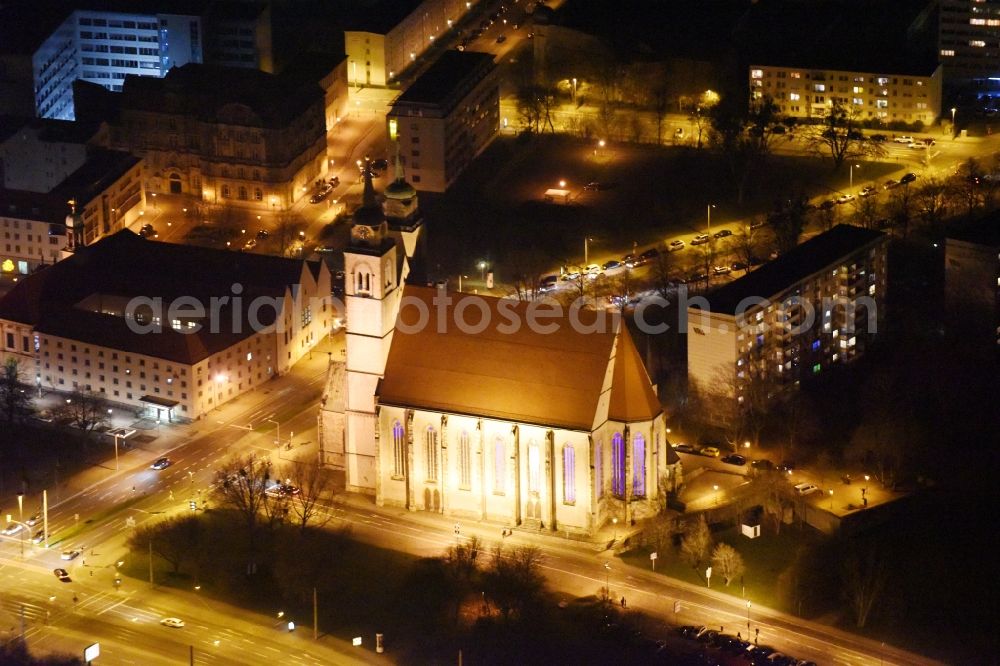 Aerial photograph at night Magdeburg - Night lighting Church building Johanniskirche on Johannisbergstrasse in the district Altstadt in Magdeburg in the state Saxony-Anhalt