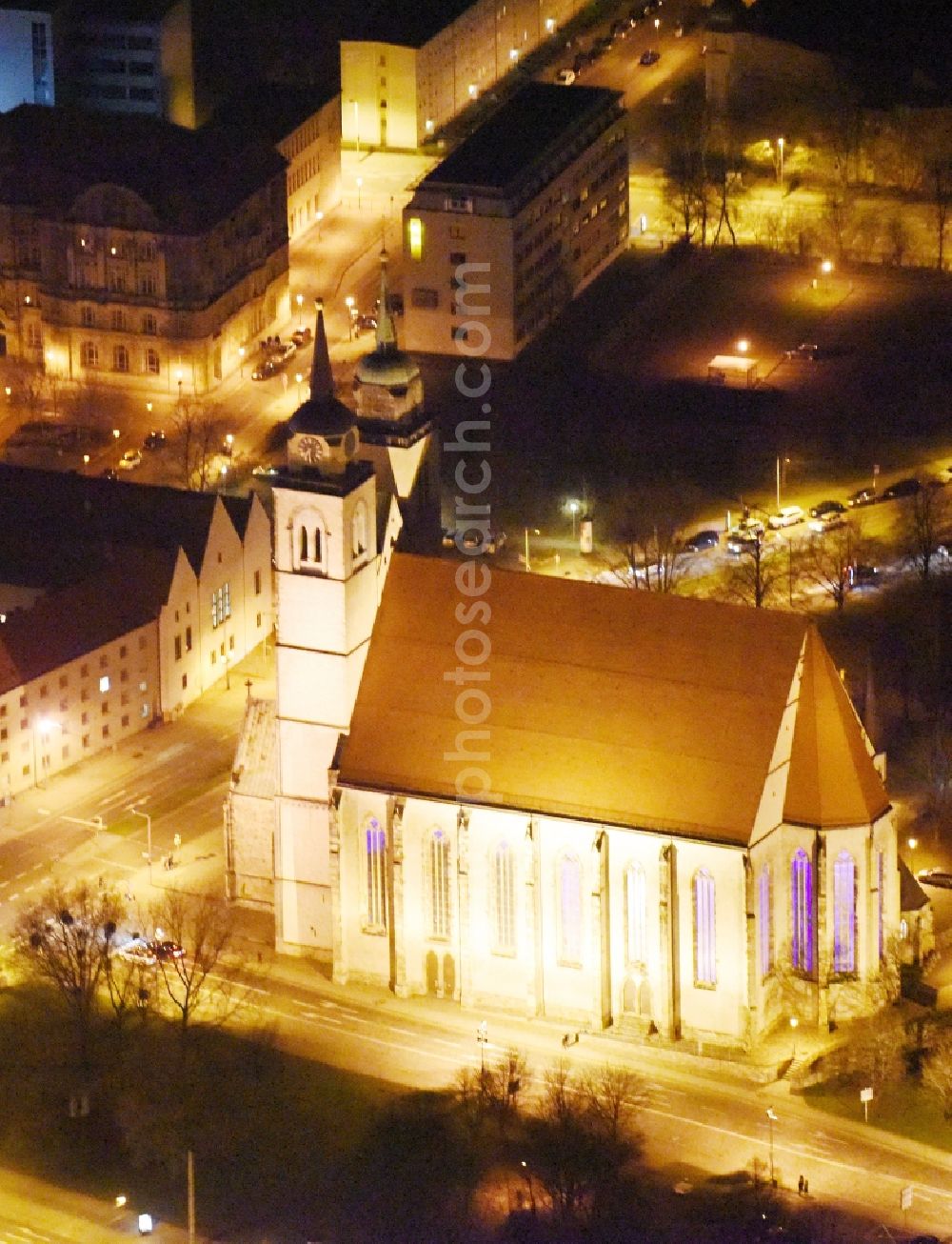 Magdeburg at night from above - Night lighting Church building Johanniskirche on Johannisbergstrasse in the district Altstadt in Magdeburg in the state Saxony-Anhalt