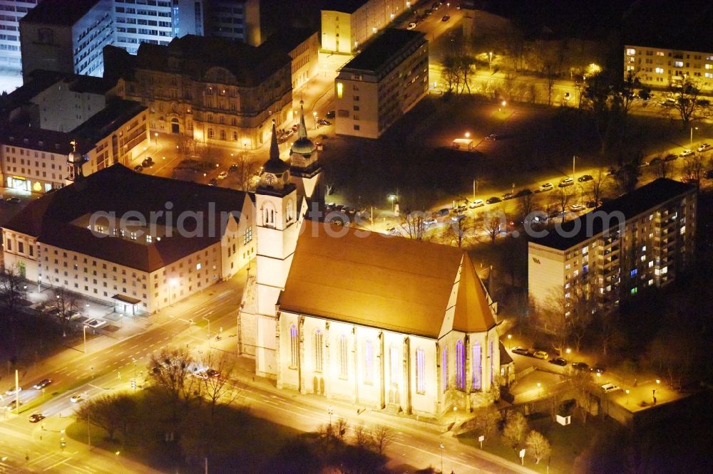 Magdeburg at night from the bird perspective: Night lighting Church building Johanniskirche on Johannisbergstrasse in the district Altstadt in Magdeburg in the state Saxony-Anhalt