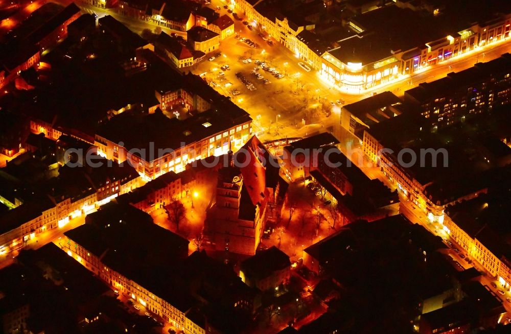 Aerial photograph at night Brandenburg an der Havel - Night lighting church building of Katharinenkirche on Katharinenkirchplatz in Brandenburg an der Havel in the state Brandenburg, Germany