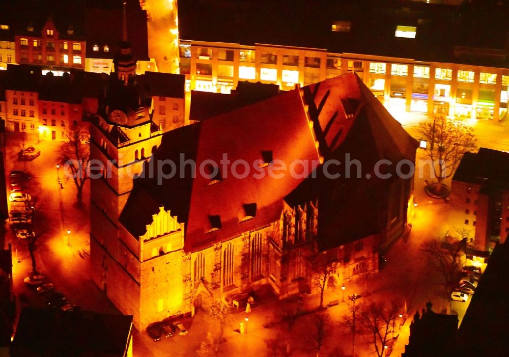 Aerial image at night Brandenburg an der Havel - Night lighting church building of Katharinenkirche on Katharinenkirchplatz in Brandenburg an der Havel in the state Brandenburg, Germany