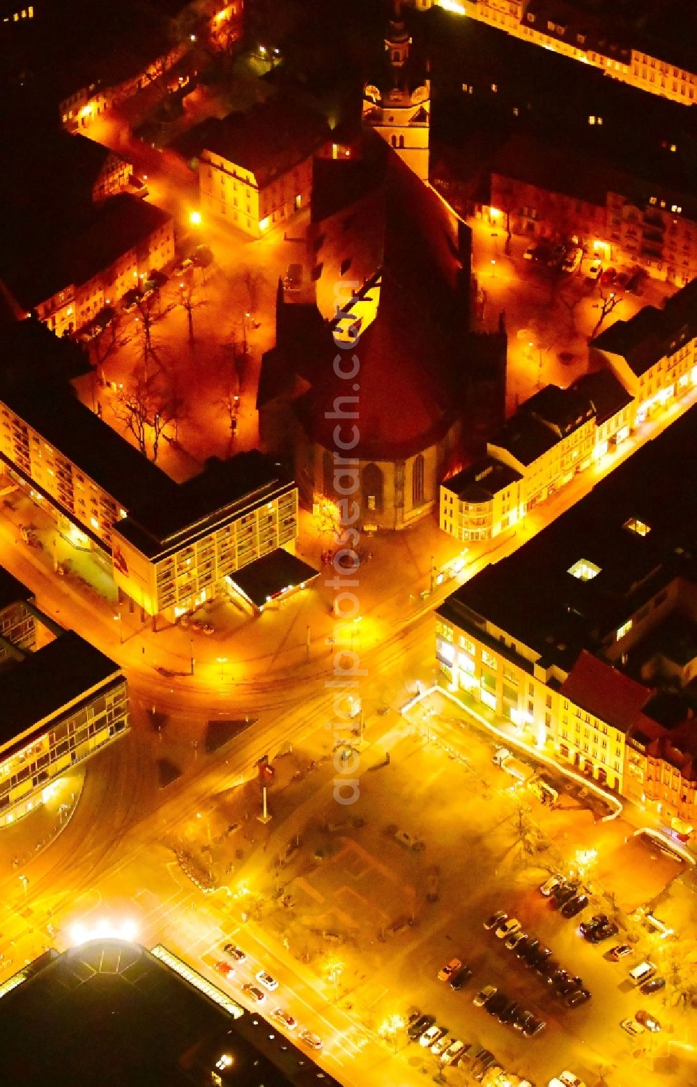 Brandenburg an der Havel at night from the bird perspective: Night lighting church building of Katharinenkirche on Katharinenkirchplatz in Brandenburg an der Havel in the state Brandenburg, Germany