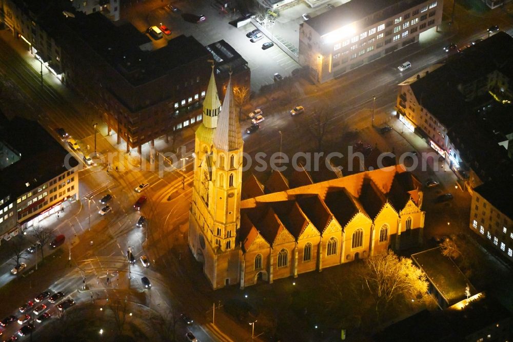 Braunschweig at night from above - Night lights and lighting church building the Saint Katharinenkirche in Braunschweig in the federal state Lower Saxony