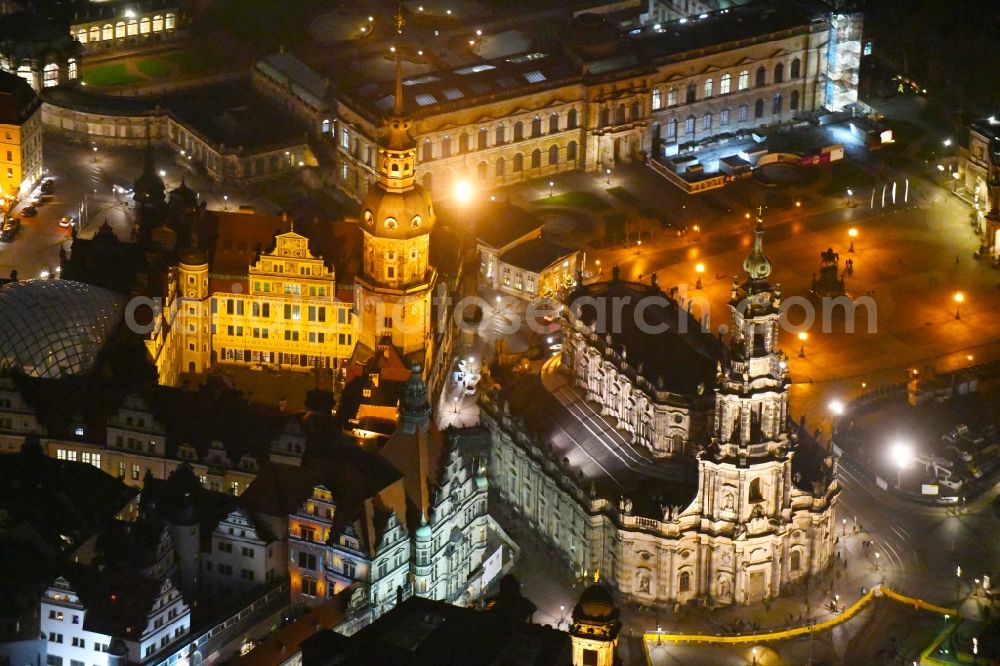 Dresden at night from the bird perspective: Night lighting Church building in Katholische Hofkirche on Schlossstrasse - Theaterplatz Old Town- center of downtown in the district Altstadt in Dresden in the state Saxony, Germany