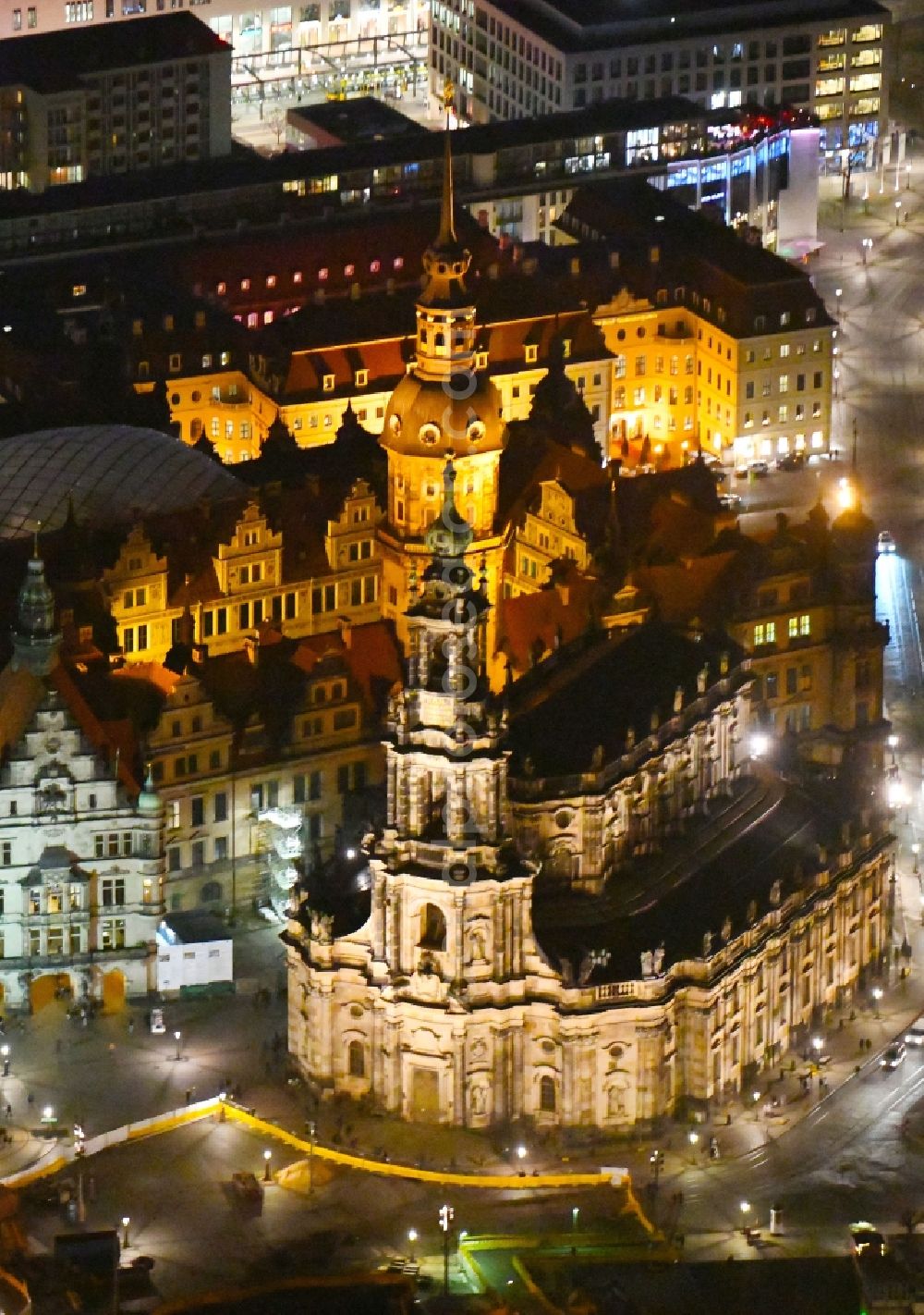 Aerial image at night Dresden - Night lighting Church building in Katholische Hofkirche on Schlossstrasse - Theaterplatz Old Town- center of downtown in the district Altstadt in Dresden in the state Saxony, Germany