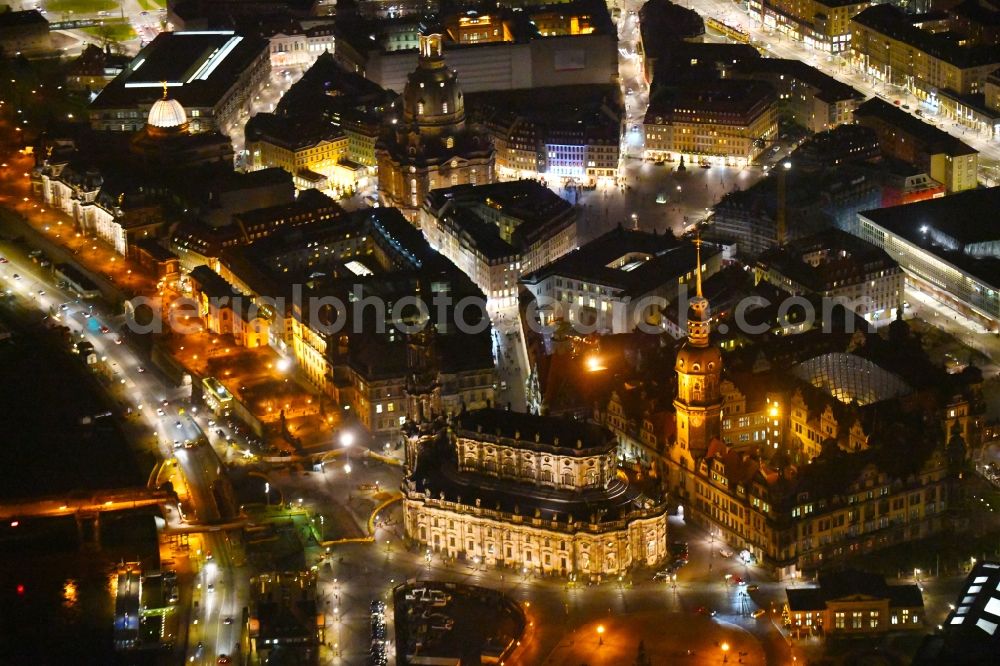 Aerial image at night Dresden - Night lighting Church building in Katholische Hofkirche on Schlossstrasse - Theaterplatz Old Town- center of downtown in the district Altstadt in Dresden in the state Saxony, Germany