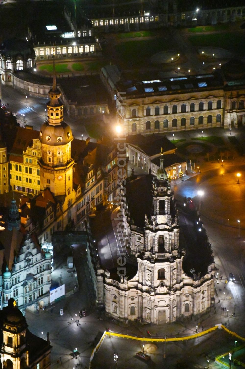 Aerial image at night Dresden - Night lighting Church building in Katholische Hofkirche on Schlossstrasse - Theaterplatz Old Town- center of downtown in the district Altstadt in Dresden in the state Saxony, Germany