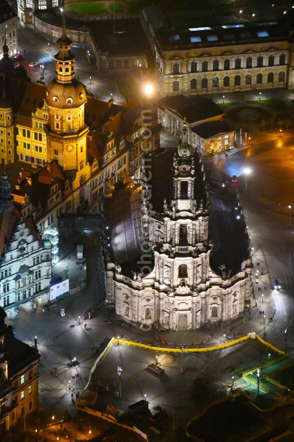 Dresden at night from above - Night lighting Church building in Katholische Hofkirche on Schlossstrasse - Theaterplatz Old Town- center of downtown in the district Altstadt in Dresden in the state Saxony, Germany