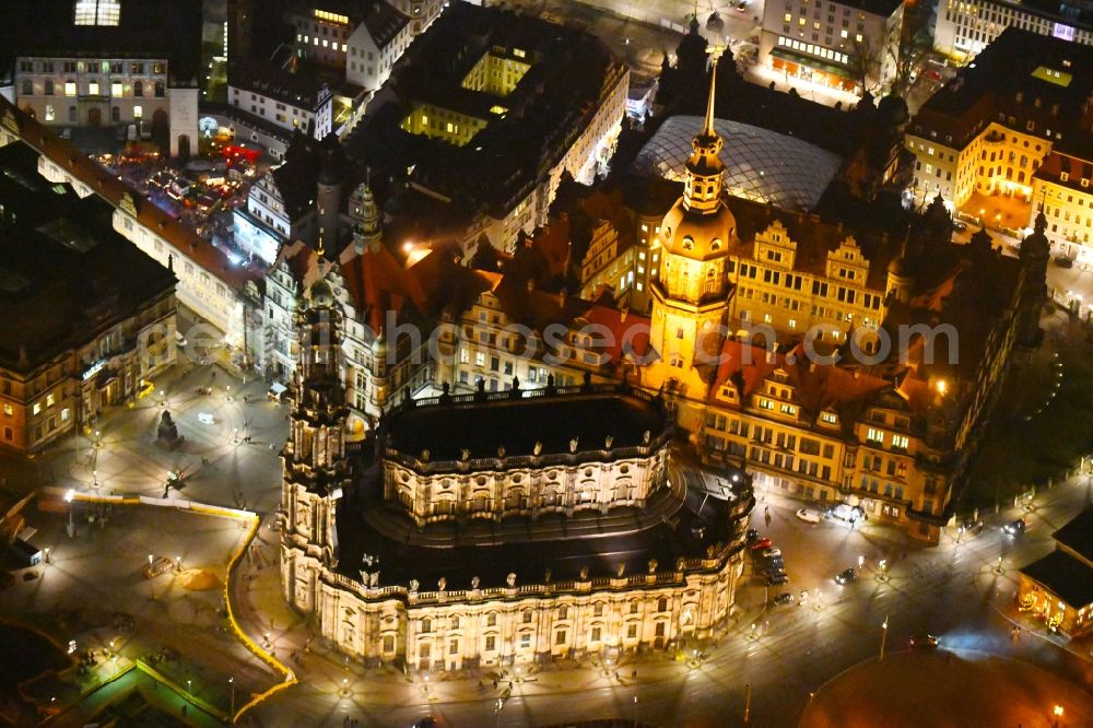 Aerial image at night Dresden - Night lighting Church building in Katholische Hofkirche on Schlossstrasse - Theaterplatz Old Town- center of downtown in the district Altstadt in Dresden in the state Saxony, Germany