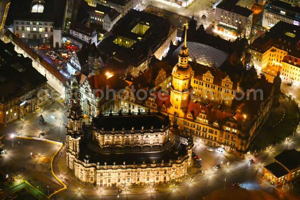 Dresden at night from above - Night lighting Church building in Katholische Hofkirche on Schlossstrasse - Theaterplatz Old Town- center of downtown in the district Altstadt in Dresden in the state Saxony, Germany