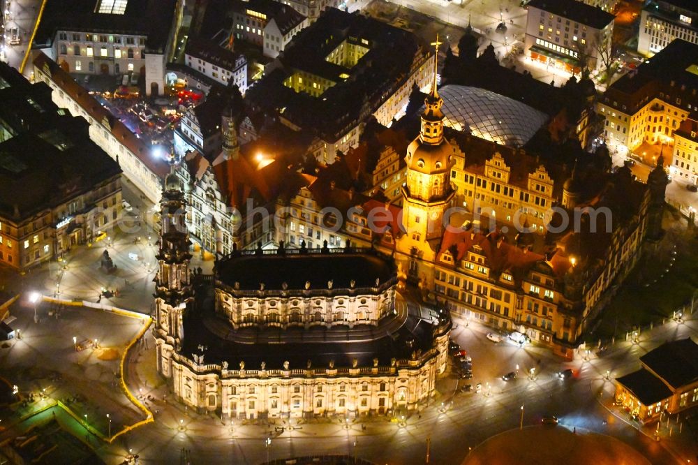 Dresden at night from the bird perspective: Night lighting Church building in Katholische Hofkirche on Schlossstrasse - Theaterplatz Old Town- center of downtown in the district Altstadt in Dresden in the state Saxony, Germany