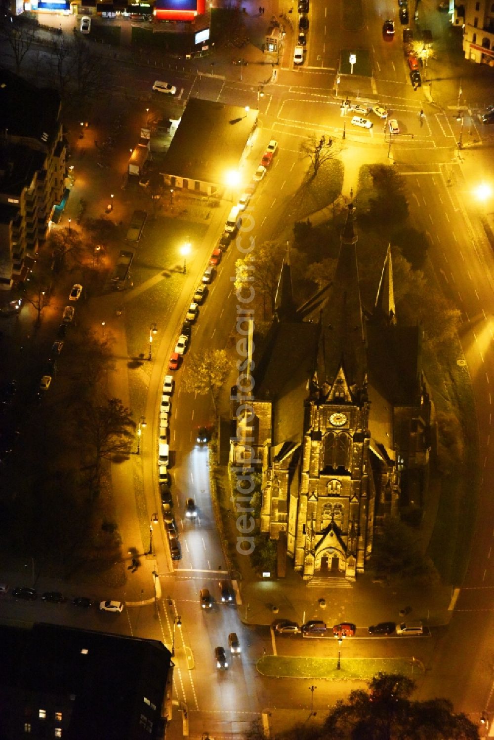 Berlin at night from above - Night view church building Kirche am Suedstern in Berlin