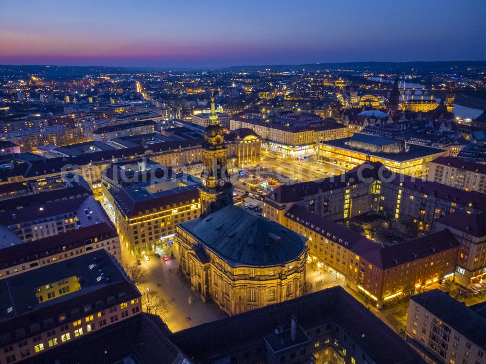 Dresden at night from above - Night lighting church building in Kreuzkirche Old Town- center of downtown on street An der Kreuzkirche in the district Altstadt in Dresden in the state Saxony, Germany