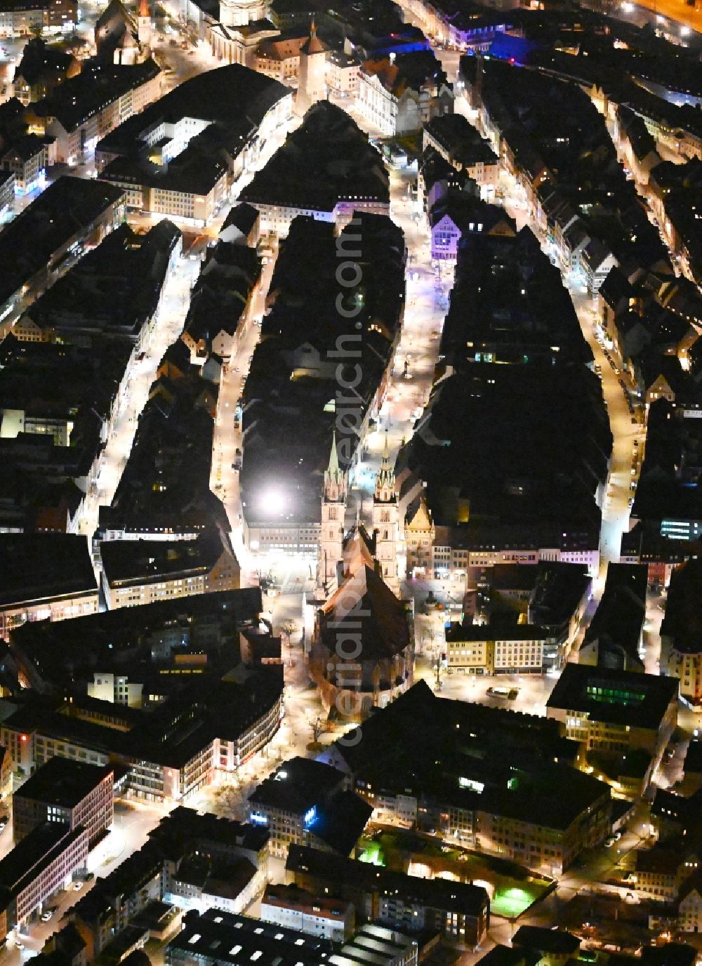 Nürnberg at night from above - Night lighting church building in St. Lorenz - Lorenzkirche on Lorenzer Platz Old Town- center of downtown in the district Mitte in Nuremberg in the state Bavaria, Germany