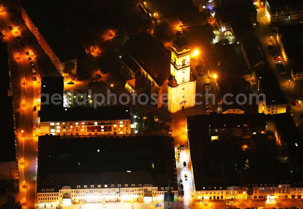 Aerial image at night Fürstenwalde/Spree - Night lighting Church building of the cathedral of St. Marien in Fuerstenwalde/Spree in the state Brandenburg, Germany