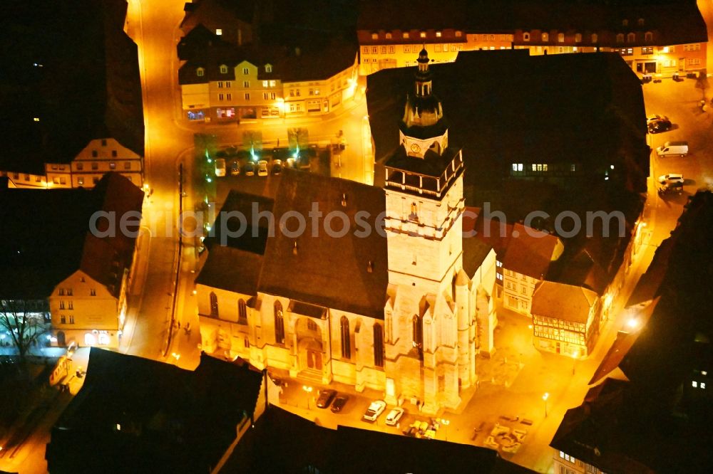 Aerial image at night Bad Langensalza - Night lighting church building in Marktkirche St. Bonifacius Old Town- center of downtown in Bad Langensalza in the state Thuringia, Germany