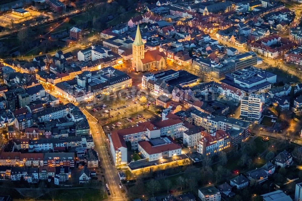 Hamm at night from above - Night lighting church building Pauluskirche on Marktplatz in Hamm in the state North Rhine-Westphalia, Germany