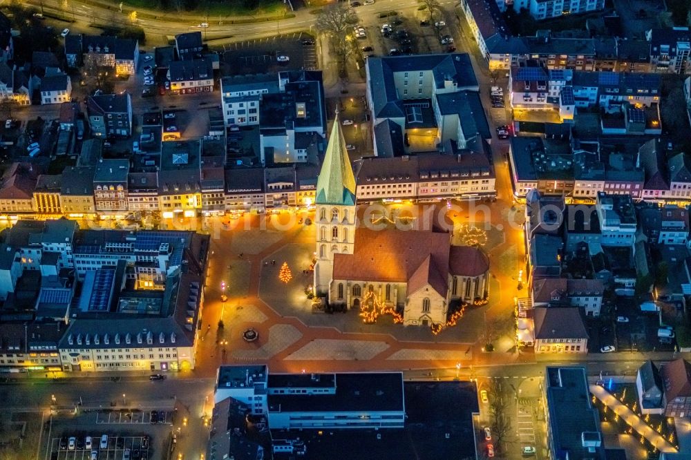 Aerial photograph at night Hamm - Night lighting church building Pauluskirche on Marktplatz in Hamm in the state North Rhine-Westphalia, Germany