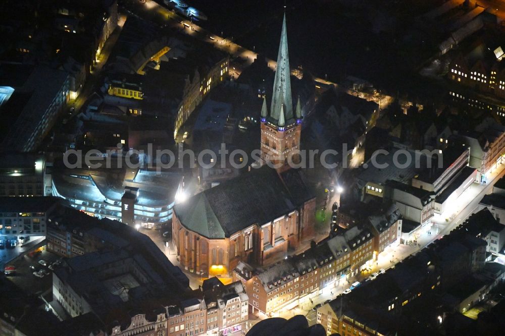 Lübeck at night from the bird perspective: Night lighting church building in St. Petri Kirche Old Town- center of downtown in Luebeck in the state Schleswig-Holstein, Germany