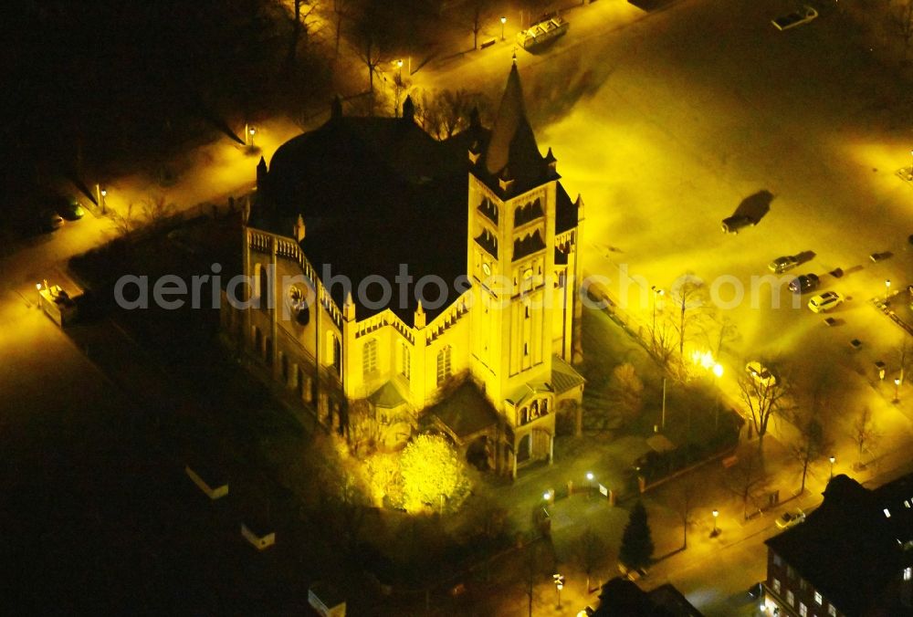 Potsdam at night from above - Night lighting Church building in Propsteikirche Sankt Peter and Paul Am Bassinplatz Old Town- center of downtown in the district Innenstadt in Potsdam in the state Brandenburg, Germany