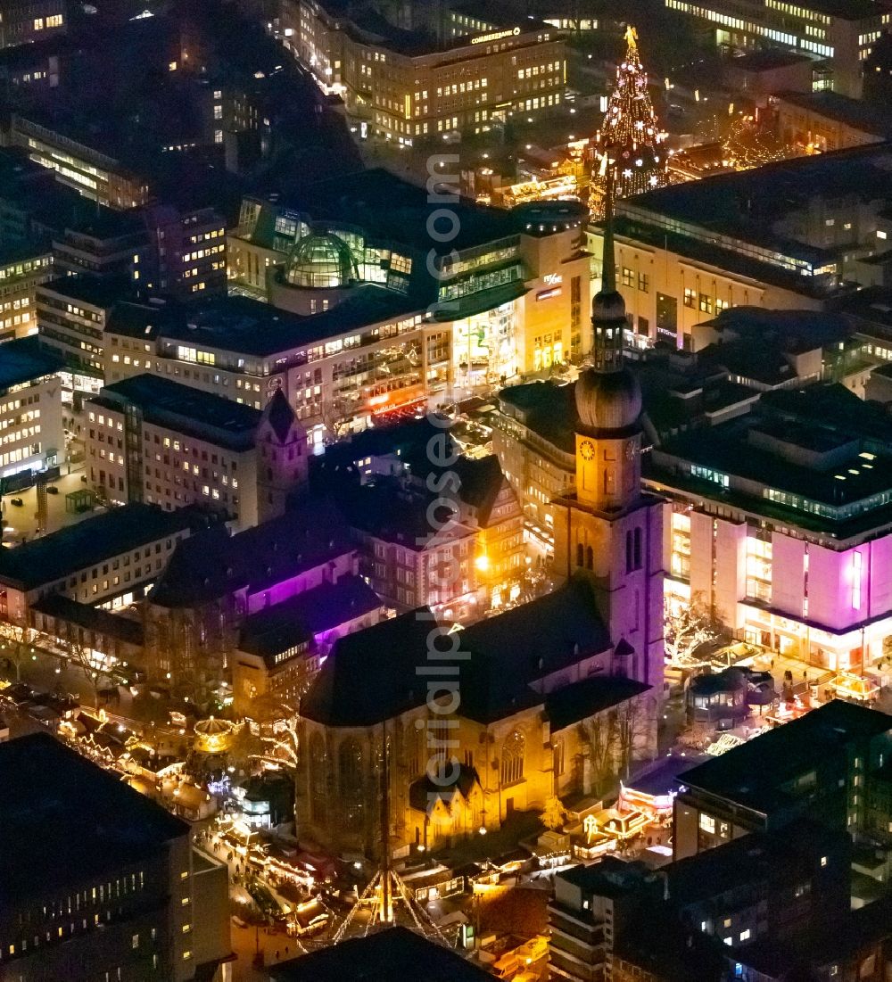 Aerial image at night Dortmund - Night lighting church building St. Reinoldi in Dortmund in the state North Rhine-Westphalia, Germany