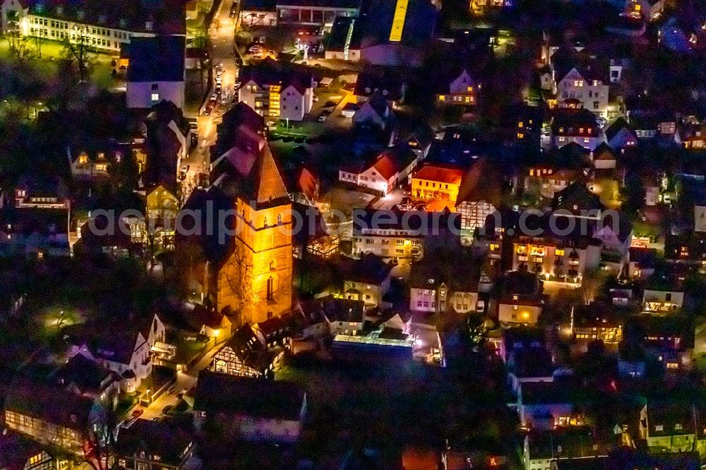 Soest at night from above - Night lighting church building in Sankt Pauli Kirche on Paulistrasse Old Town- center of downtown in Soest in the state North Rhine-Westphalia, Germany