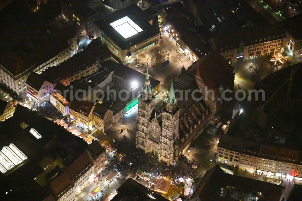 Nürnberg at night from above - Night lighting Church building in of St. Sebald - Sebalduskirche on Winklerstrasse in the Old Town- center of downtown in the district Altstadt - Sankt Sebald in Nuremberg in the state Bavaria, Germany