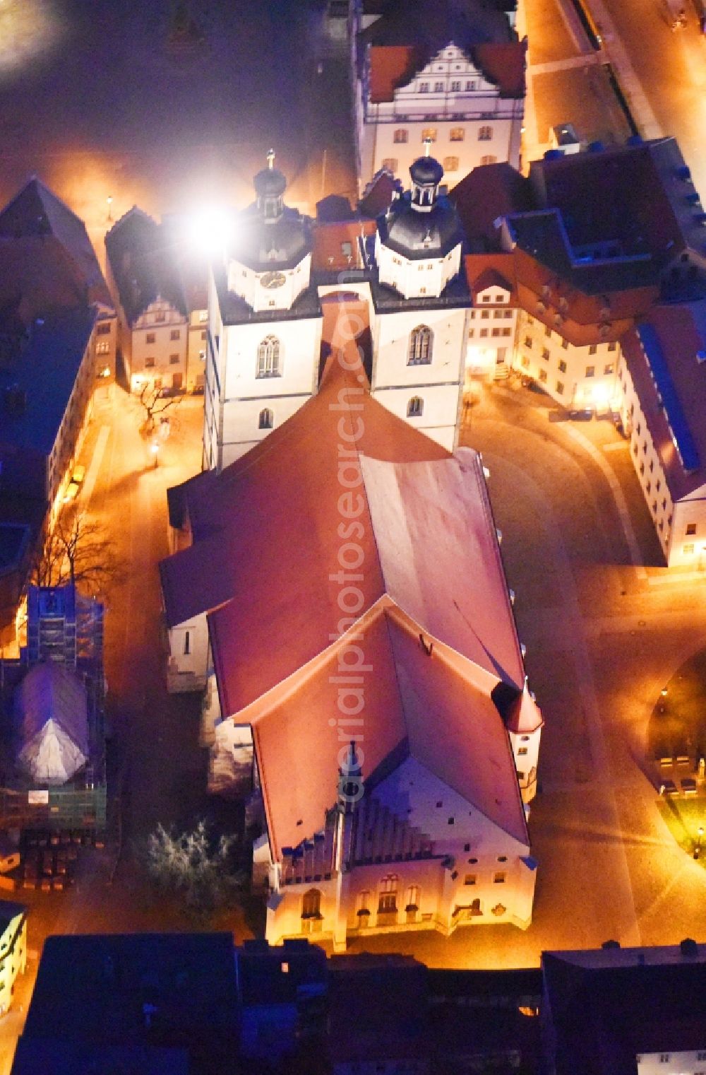 Lutherstadt Wittenberg at night from above - Night lighting Church building Stadtkirche Sankt Marien Flaeming/Sachsen-Anhalt on Kirchplatz in Lutherstadt Wittenberg in the state Saxony-Anhalt