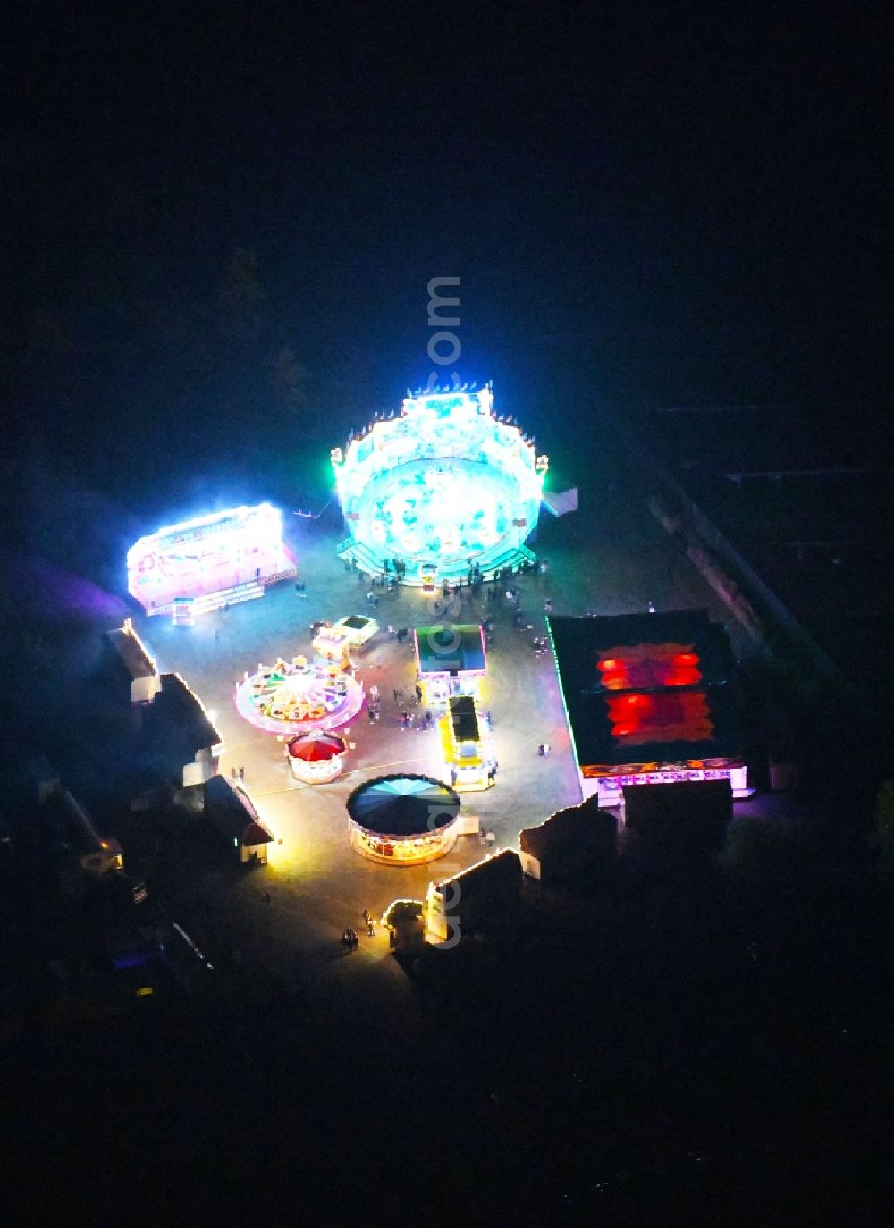 Aerial image at night Eberswalde - Night lighting Fair - event location at festival on Eberswalder Strasse in the district Finow in Eberswalde in the state Brandenburg, Germany