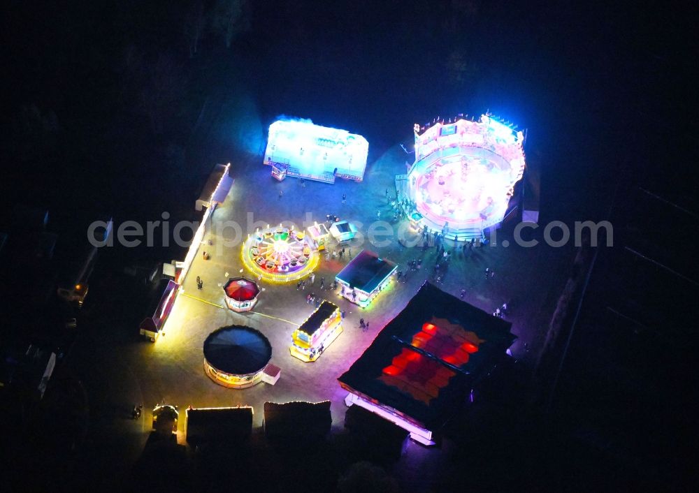 Eberswalde at night from above - Night lighting Fair - event location at festival on Eberswalder Strasse in the district Finow in Eberswalde in the state Brandenburg, Germany