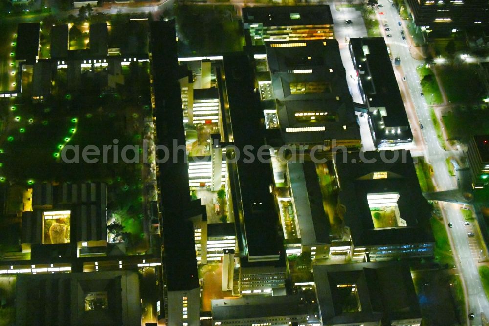 Hannover at night from above - Night lighting Hospital grounds of the Clinic of Medizinische Hochschule Hannover (MHH) on Carl-Neuberg-Strasse in Hannover in the state Lower Saxony, Germany