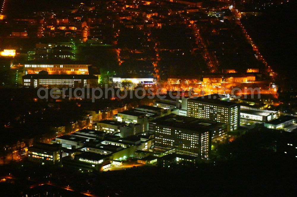 Halle (Saale) at night from above - Night lighting hospital grounds and university clinic in Halle (Saale) in the state Saxony-Anhalt, Germany