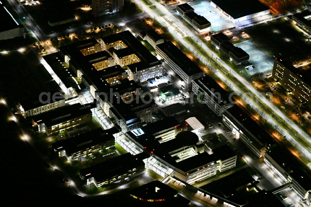 Aerial image at night Jena - Night lighting hospital grounds of the Clinic Universitaetsklinikum on street Erlanger Allee in the district Goeschwitz in Jena in the state Thuringia, Germany