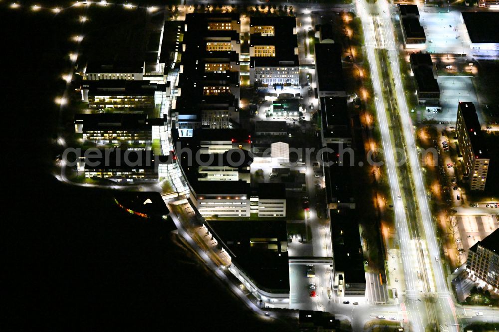 Jena at night from above - Night lighting hospital grounds of the Clinic Universitaetsklinikum on street Erlanger Allee in the district Goeschwitz in Jena in the state Thuringia, Germany