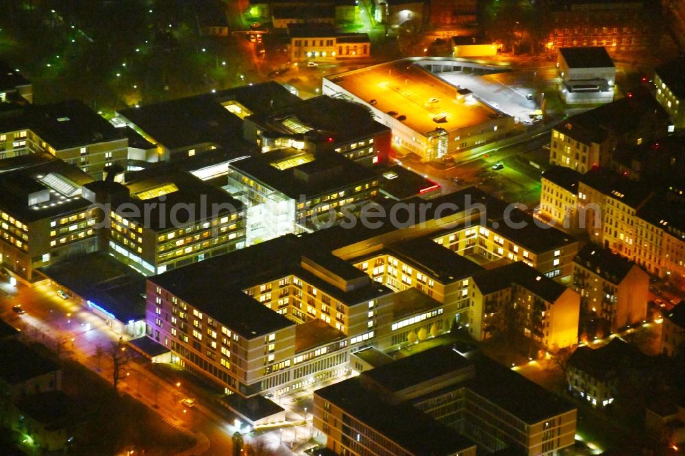 Leipzig at night from above - Night lighting Hospital grounds of the Clinic Universitaetsklinikum Leipzig on Liebigstrasse in the district Mitte in Leipzig in the state Saxony, Germany