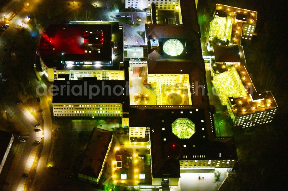 Aerial image at night Bad Berka - Night lighting Hospital grounds of the Clinic Zentralklinik Bad Berka on Robert-Koch-Allee in Bad Berka in the state Thuringia, Germany