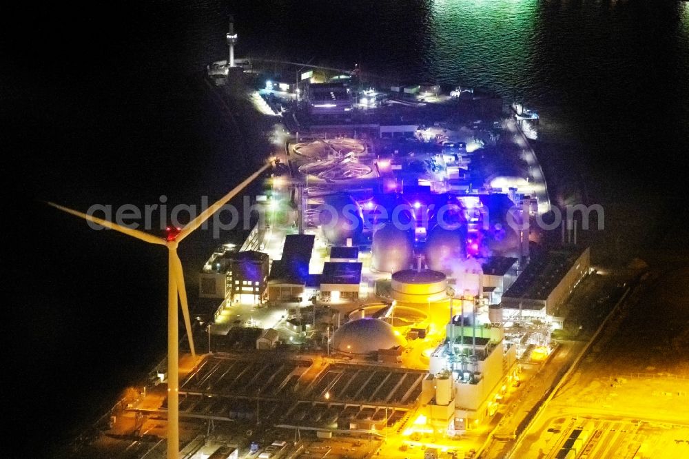 Aerial photograph at night Hamburg - Night lighting sewage works Basin and purification steps for waste water treatment of sewage works Koehlbrandhoeft in Hamburg port