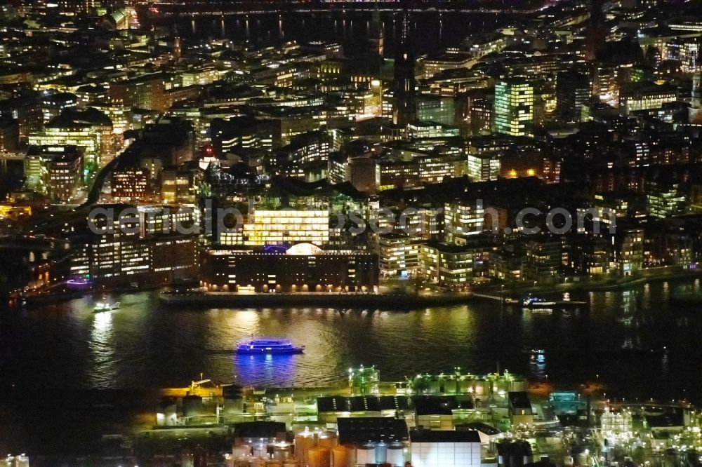 Aerial photograph at night Hamburg - Night lighting The Elbe Philharmonic Hall on the river bank of the Elbe in Hamburg