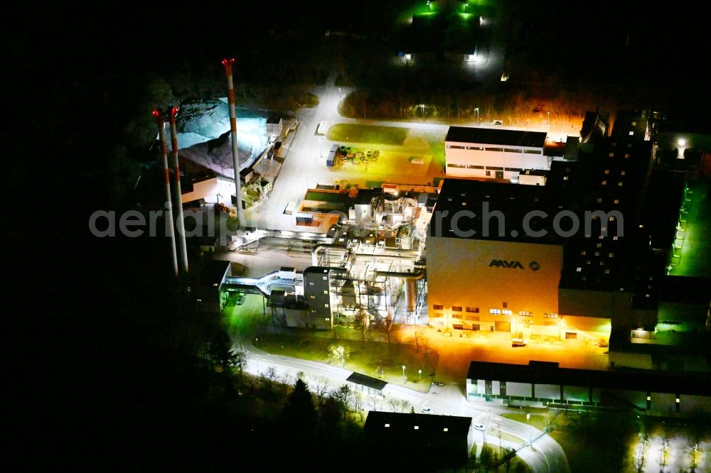 Aerial image at night Ingolstadt - Night lighting power plants and exhaust towers of Waste incineration plant station Am Mailinger Bach in the district Mailing in Ingolstadt in the state Bavaria, Germany