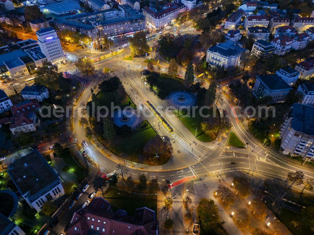 Dresden at night from above - Night lighting traffic management of the roundabout road on Albertplatz in the district Neustadt in Dresden in the state Saxony, Germany