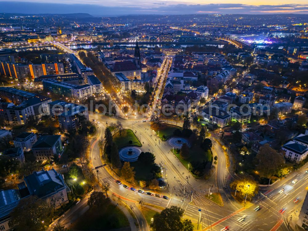 Aerial photograph at night Dresden - Night lighting traffic management of the roundabout road on Albertplatz in the district Neustadt in Dresden in the state Saxony, Germany