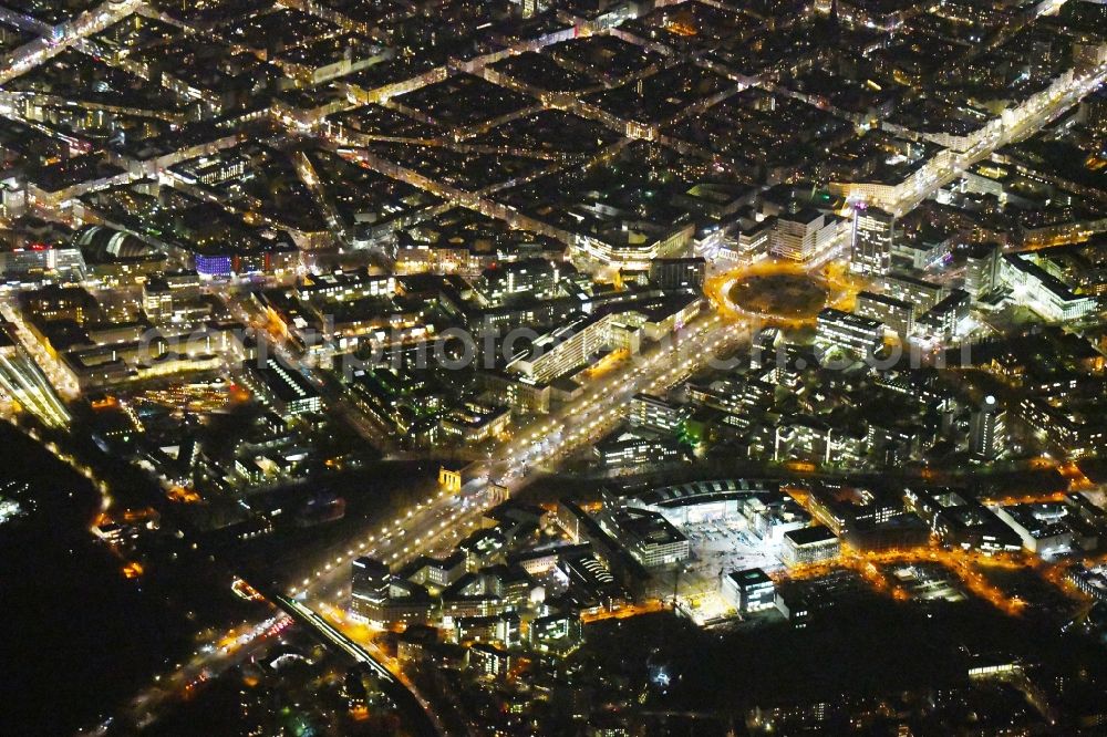 Berlin at night from the bird perspective: Night lighting Traffic management of the roundabout road Ernst-Reuter-Platz in the district Charlottenburg in Berlin, Germany