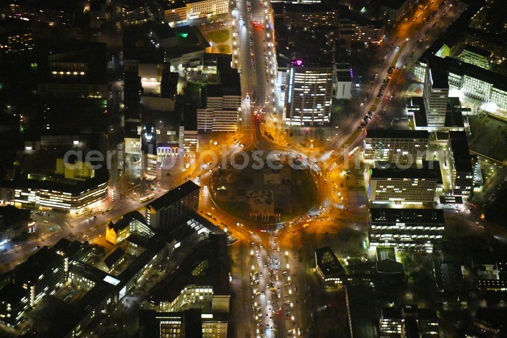 Aerial photograph at night Berlin - Night lighting Traffic management of the roundabout road Ernst-Reuter-Platz in the district Charlottenburg in Berlin, Germany